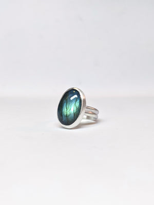 Oval Labradorite Double Band Ring - Size 7.75